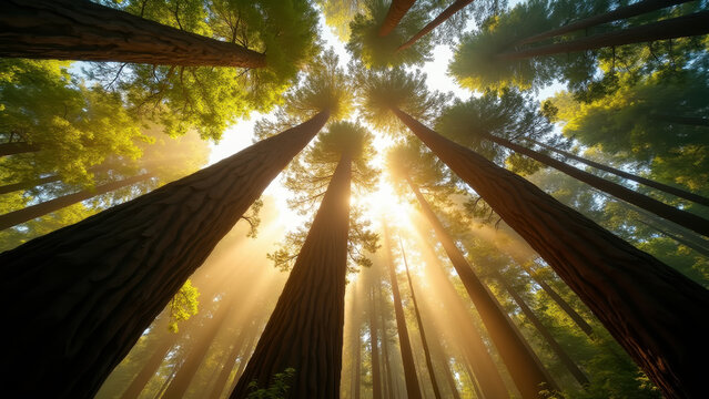 Vivid giant ancient redwood tree canopy viewed from base looking up, golden beams breaking through leaves, mist drifting