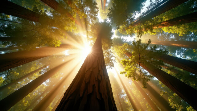 Vivid giant ancient redwood tree canopy viewed from base looking up, golden beams breaking through leaves, mist drifting