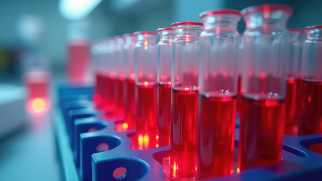 Macro vivid laboratory blood test tubes in rack with glowing crimson samples