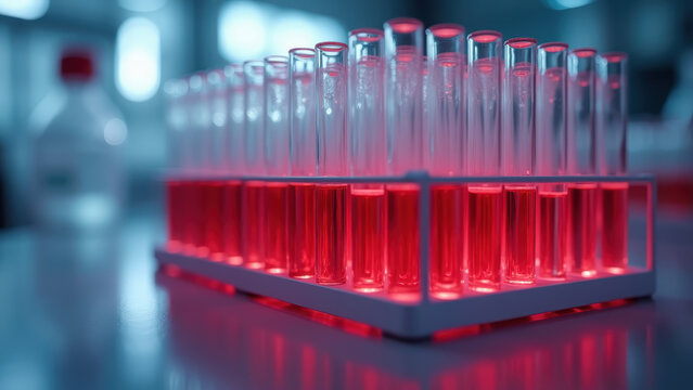 Macro vivid laboratory blood test tubes in rack with glowing crimson samples