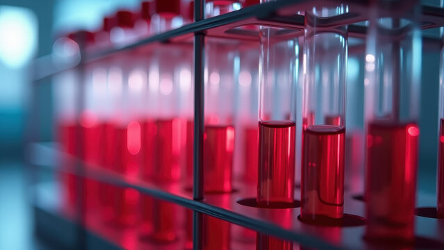 Macro vivid laboratory blood test tubes in rack with glowing crimson samples