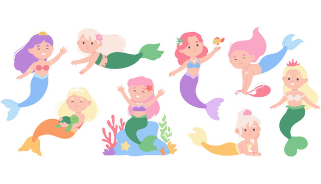 A colorful illustration of cartoon mermaids and mermen in various poses