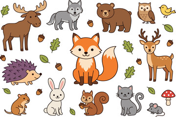 Fototapeta premium Adorable Woodland Animals Collection Featuring Fox Bear Moose Deer Wolf Hedgehog Bunny Squirrel Owl and Leaves for Kids Room Decor