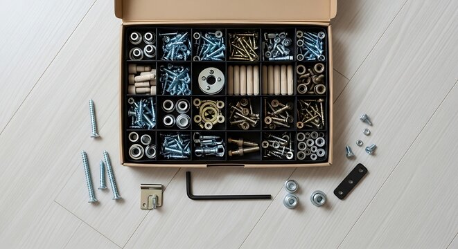 Hardware tools and screws in box.
