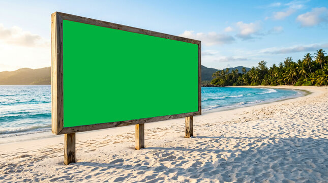 Blank billboard on tropical beach. Green screen sign for outdoor advertising mockup.