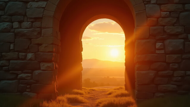 Golden hour light rays piercing through ancient stone arch at sunrise