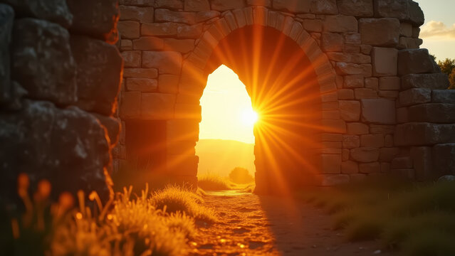 Golden hour light rays piercing through ancient stone arch at sunrise