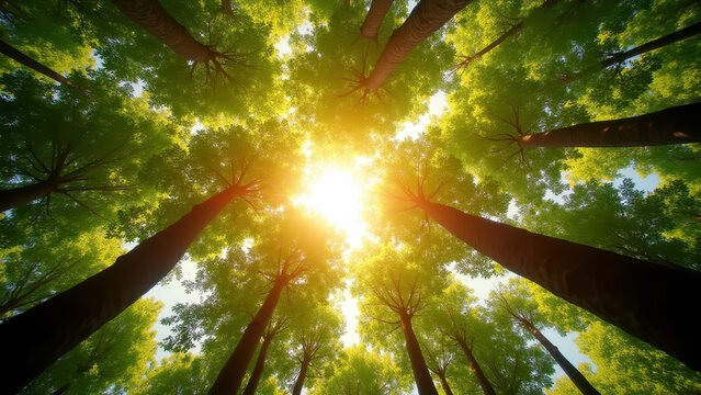 Vivid forest canopy viewed from below at peak solstice noon, golden light shifting through leaves