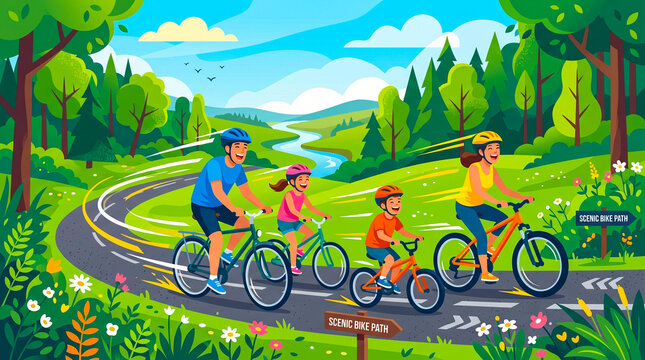 Happy family cycling on a park road. Parents and children riding bicycles in nature.