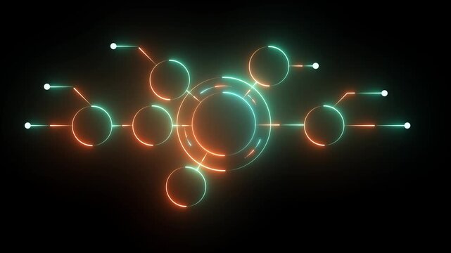Abstract orange and teal glowing circular network interface with connected nodes futuristic digital technology background for innovation concepts.