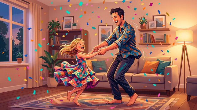 Father and daughter dancing at home. Happy parent and child celebrating with confetti.