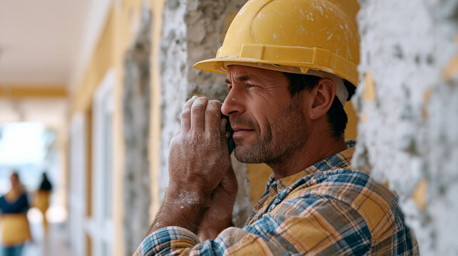 A stone mason's rough hands chip at a carved lintel over a hospital corridor under renovation, viewed over his shoulder as nursing staff pass below, the multigenerational ward