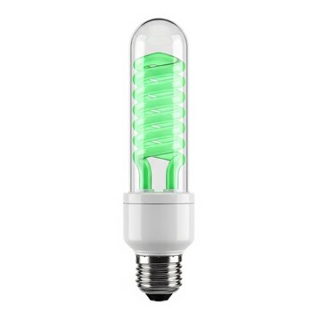 Green led grow light bulb glowing isolated on white background