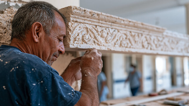 A stone mason's rough hands chip at a carved lintel over a hospital corridor under renovation, viewed over his shoulder as nursing staff pass below, the multigenerational ward