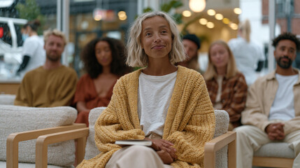 Fototapeta premium Dentists and hygienists in rain-streaked clinic windows work through a busy urban shift while a multicultural group of patients waits together in the lobby, one woman clutching a