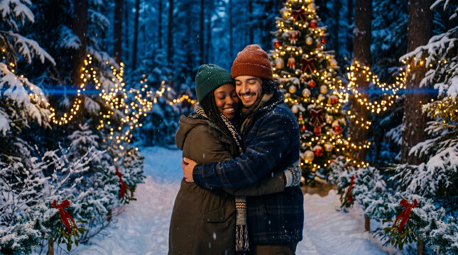 Diverse couple hugging in snowy forest. Romantic partners celebrating Christmas outdoors.
