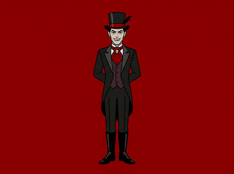 Victorian gentleman in top hat. Elegant man in vintage suit on red background.