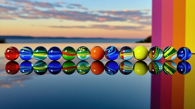 Row of colorful glass marbles on reflective water surface at sunset. Spheres with patterns and solid colors align near striped blocks. Light reflects on smooth surface.