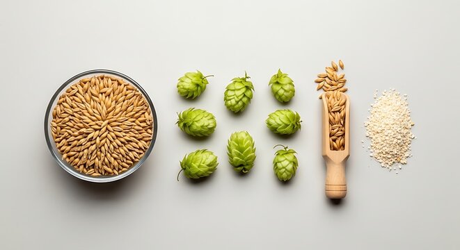 Hops and grains for beer brewing.