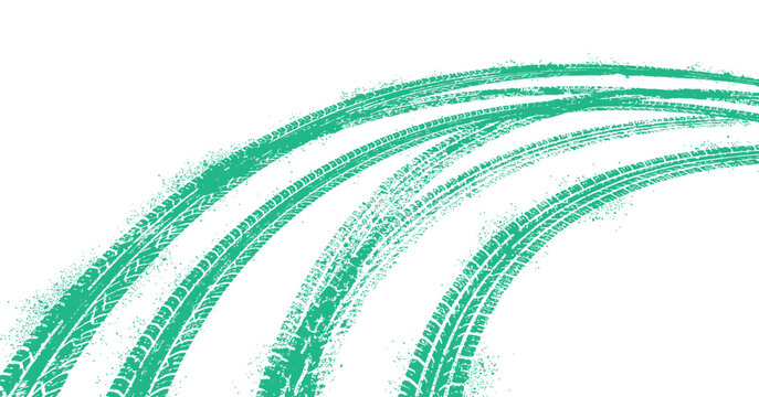 Curved tire tracks with tread patterns on a transparent backdrop