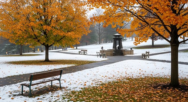 Person sitting on bench in a snowy park with autumn trees