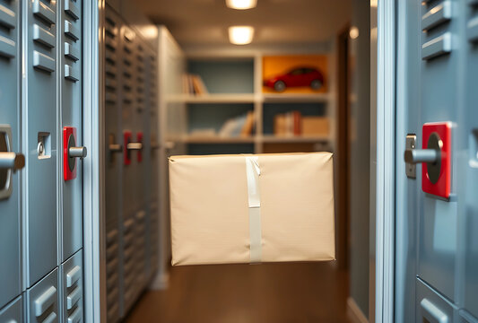 Floating brown package with white ribbon in a locker room hallway, delivery and logistics concept, the scene suggests automated parcel services and secure storage solutions