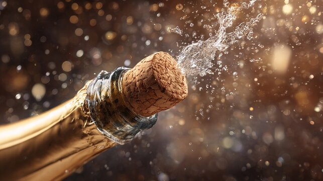 effervescence. Champagne cork popping with a burst of golden bubbles against a soft background. bar promotions, beverage menus, designed for product packaging and bar promotions, used by researchers.