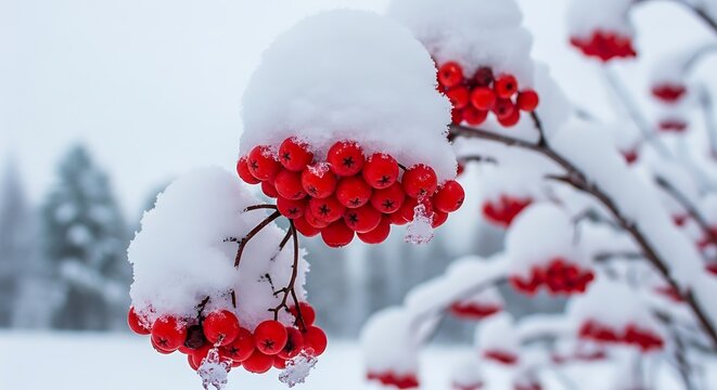 Red cherry blossom branches with delicate flowers in winter