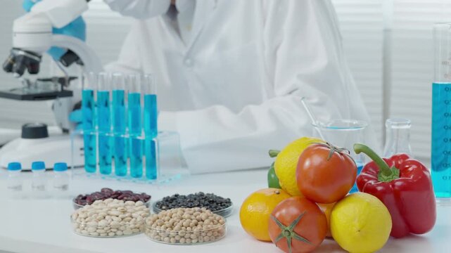Scientist check chemical food residues in laboratory. Control experts inspect the concentration of chemical residues. hazards, ROHs standard, find prohibited substances, contaminate, Microbiologist