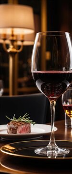 Fine dining experience with steak and wine in a modern restaurant setting