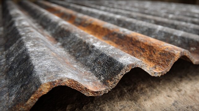Corrugated rusty metal sheet texture featuring weathered iron roof panels with industrial rust, textured waves, and aged surface detail in close up view