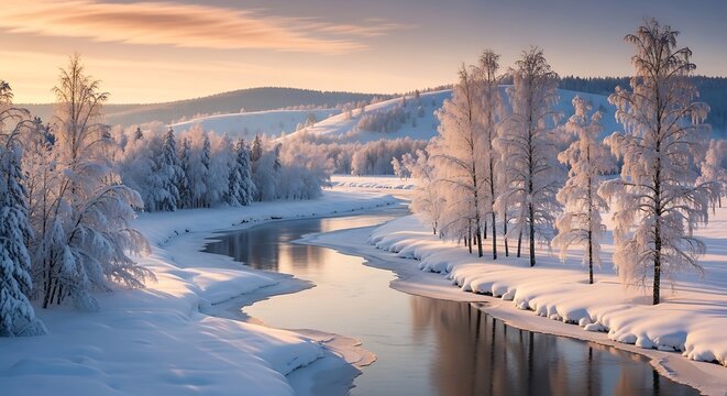 Serene winter landscape with frozen lake and bare trees at sunset