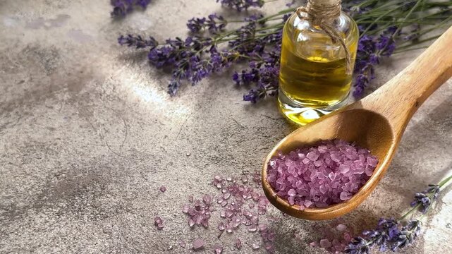 Lavender essential oil with bath salt for spa aromatherapy