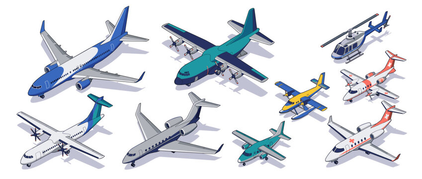 Isometric Airplanes and Helicopters Collection Representing Various Aircraft Types.