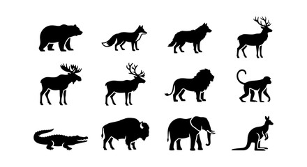 Obraz premium Wild Animal Silhouettes Collection: Bear, Fox, Wolf, Deer, Moose, Lion, Monkey, Alligator, Bison, Elephant, Kangaroo Icons