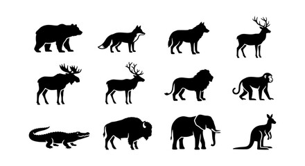 Obraz premium Wildlife Animal Silhouettes Collection, Diverse Fauna Vector Icons, Mammal and Reptile Graphics