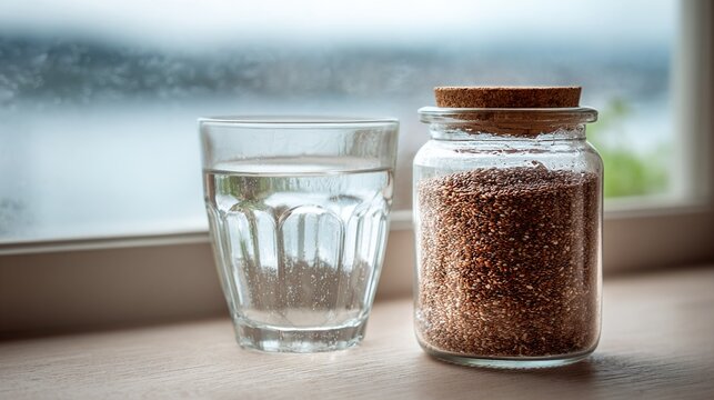 smalltalk. Clear glass jar with brown seeds beside water, natural light on minimalist surface. bar promotions, beverage menus, designed for food & beverage menus and cafe branding.