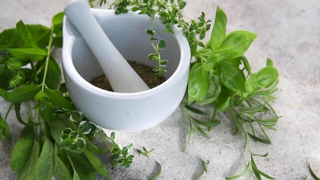 Fresh aromatic kitchen herbs with mortar and pestle