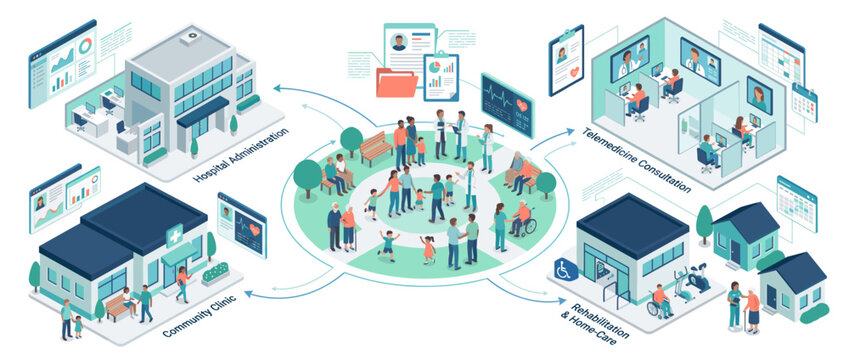 Isometric illustration of a connected community with people buildings and technology.