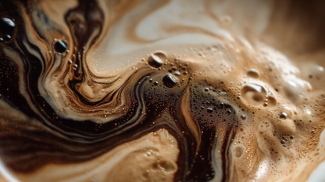 Close-up macro shot of swirling milk and dark coffee creating abstract patterns with foam bubbles.