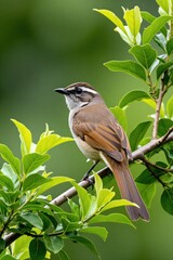 Common bulbul sits on tree branch in green garden. Small brown songbird rests on plant twig during sunny day. Wildlife avian animal with dark beak looks around nature habitat. Beautiful wild bird © Vadym