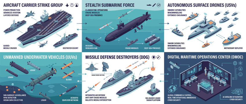 Isometric Military Naval Forces Infographic Set with Aircraft Carrier Submarine Destroyers.