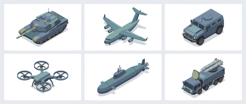 Isometric Military Vehicles Collection Tank Plane Truck Drone Submarine and Missile Launcher.