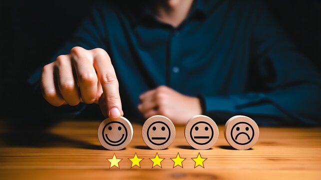 Customer satisfaction feedback rating with five star review and smiley face evaluation concept