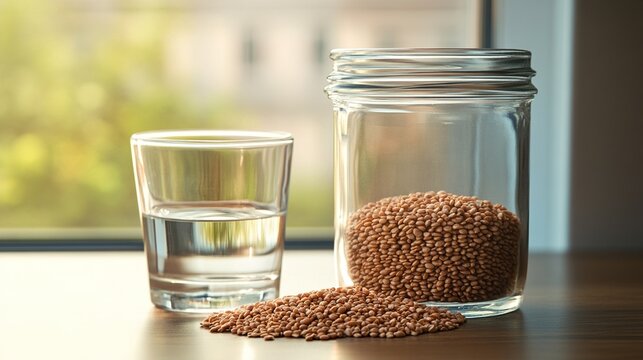 smalltalk. Clear glass jar with brown seeds beside water, natural light on minimalist surface. bar promotions, beverage menus, designed for food & beverage menus and cafe branding.