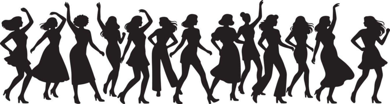 Group of women dancing joyfully in silhouette against vibrant sunset. Female friends celebrating freedom and happiness in stylized shadow form.