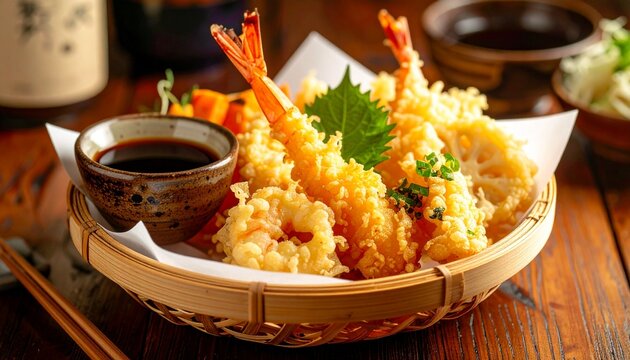 Japanese Tempura Assortment on Bamboo Basket with Crispy Shrimp Ebi and Seasonal Vegetables