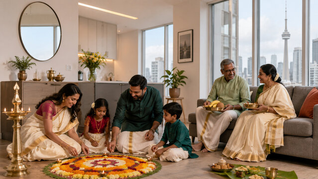 Indian family celebrating Onam in a modern overseas apartment