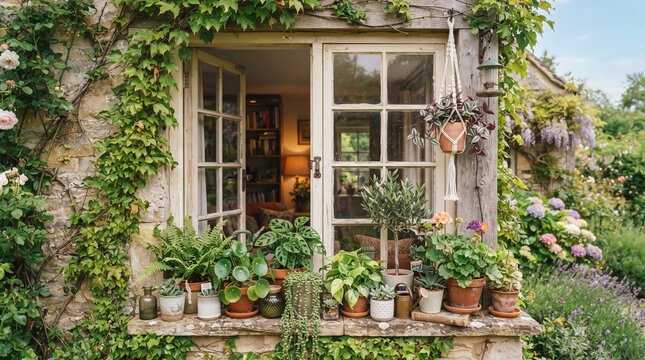 Charming cottage window filled with potted plants, ivy, and flowers. Rustic stone walls and open panes reveal a cozy interior with garden view outside.