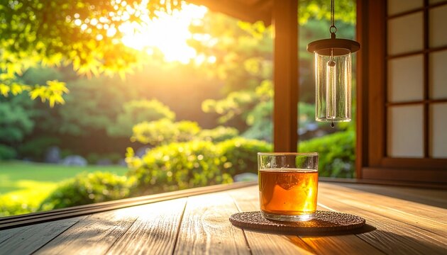 Traditional Japanese Wooden Engawa Veranda in Summer with Glass Wind Chime Furin